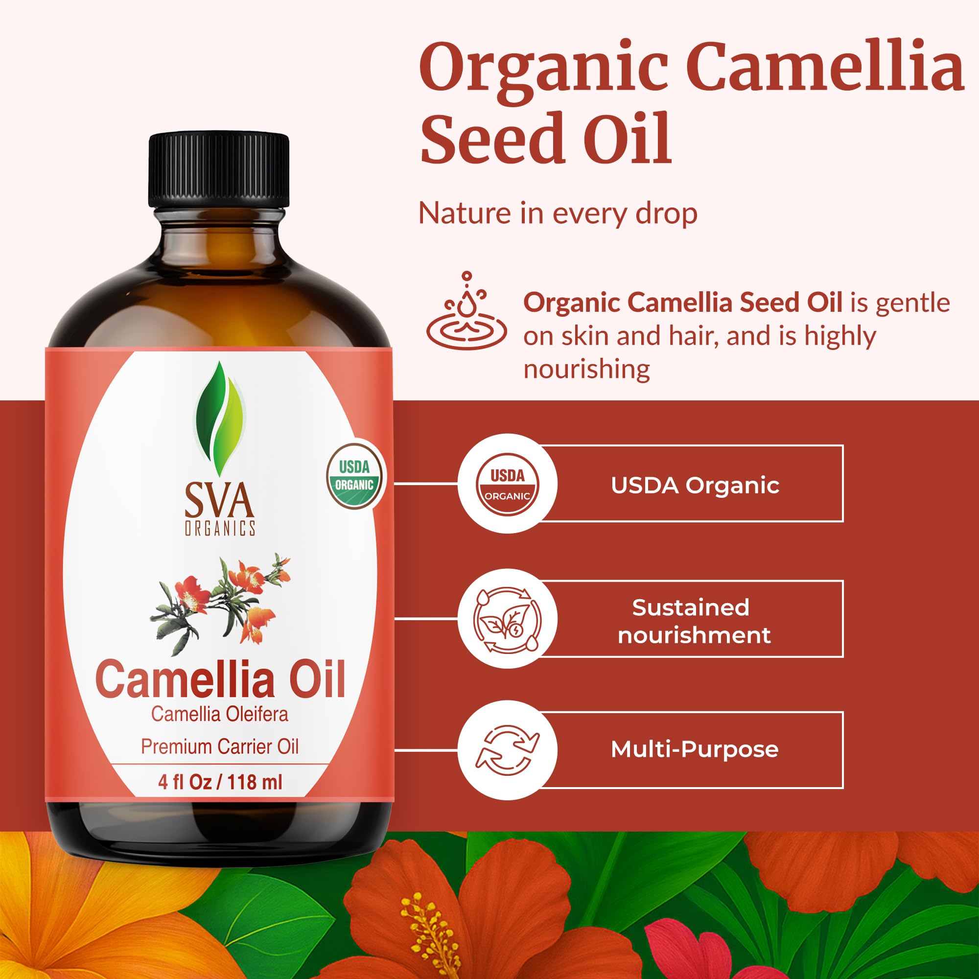 SVA Organics huile de camellia, pose sur le visage pour peau douce et nourrie.