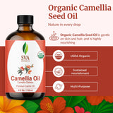 SVA Organics huile de camellia, pose sur le visage pour peau douce et nourrie.