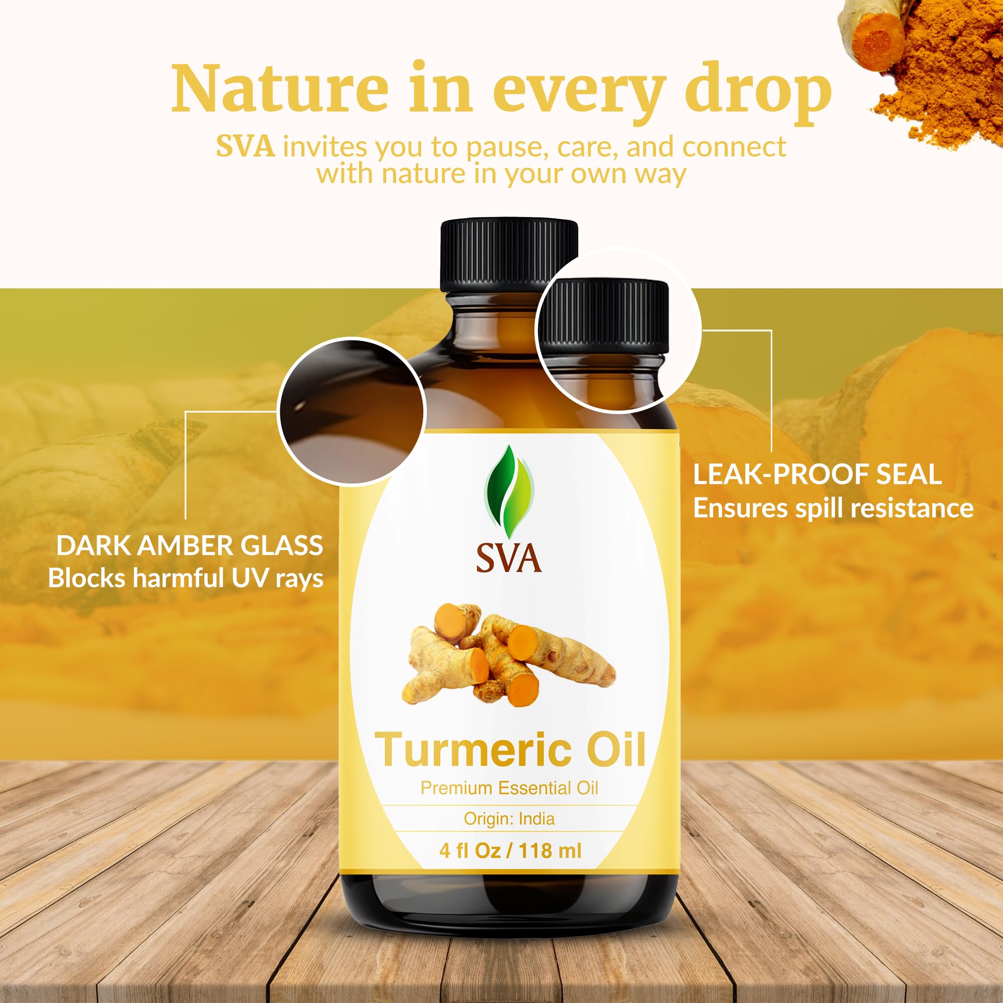 Bains et soins avec huile curcuma SVA Organics pour produits maison.