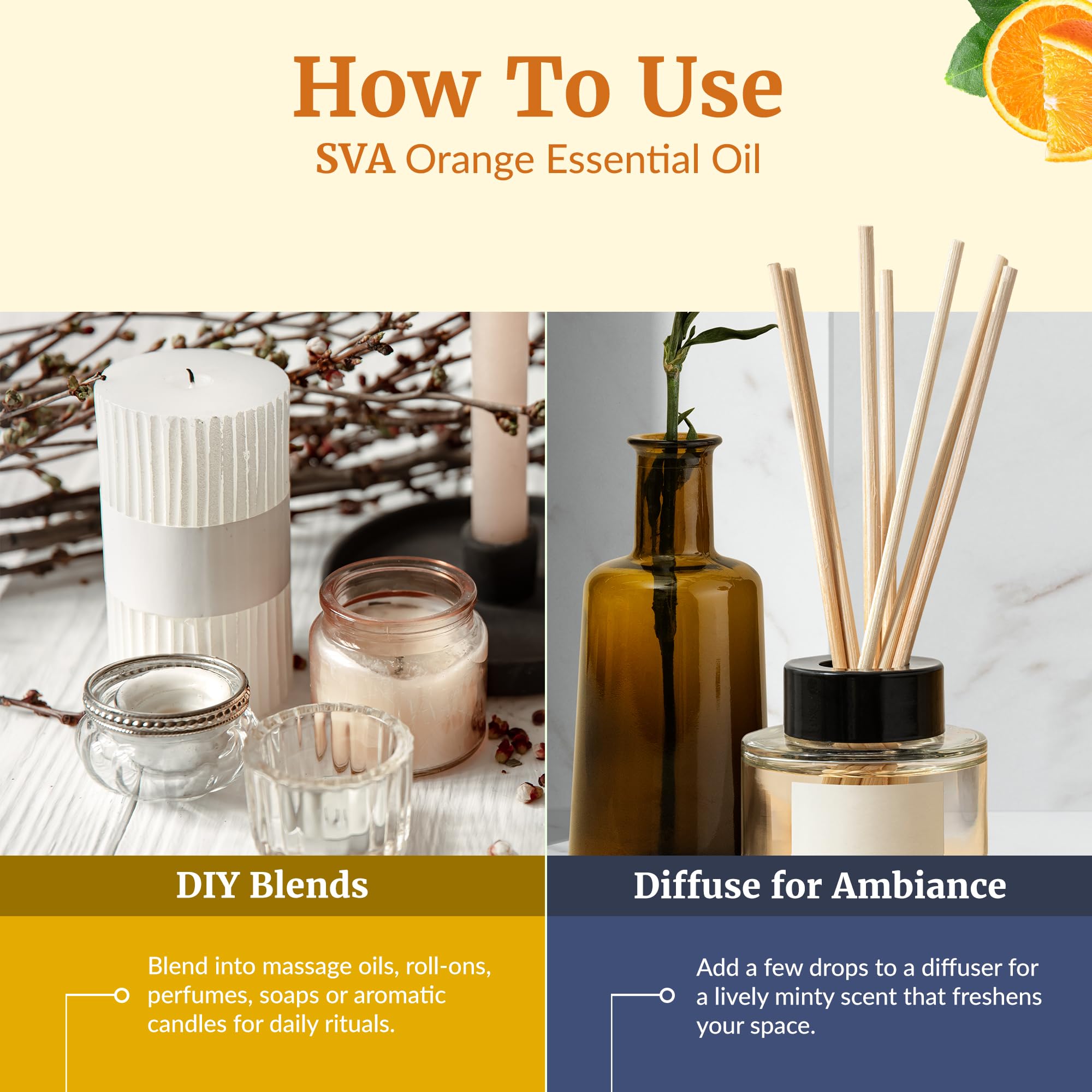SVA ORGANICS huile orange pour massage corporel, relaxation aromatique.