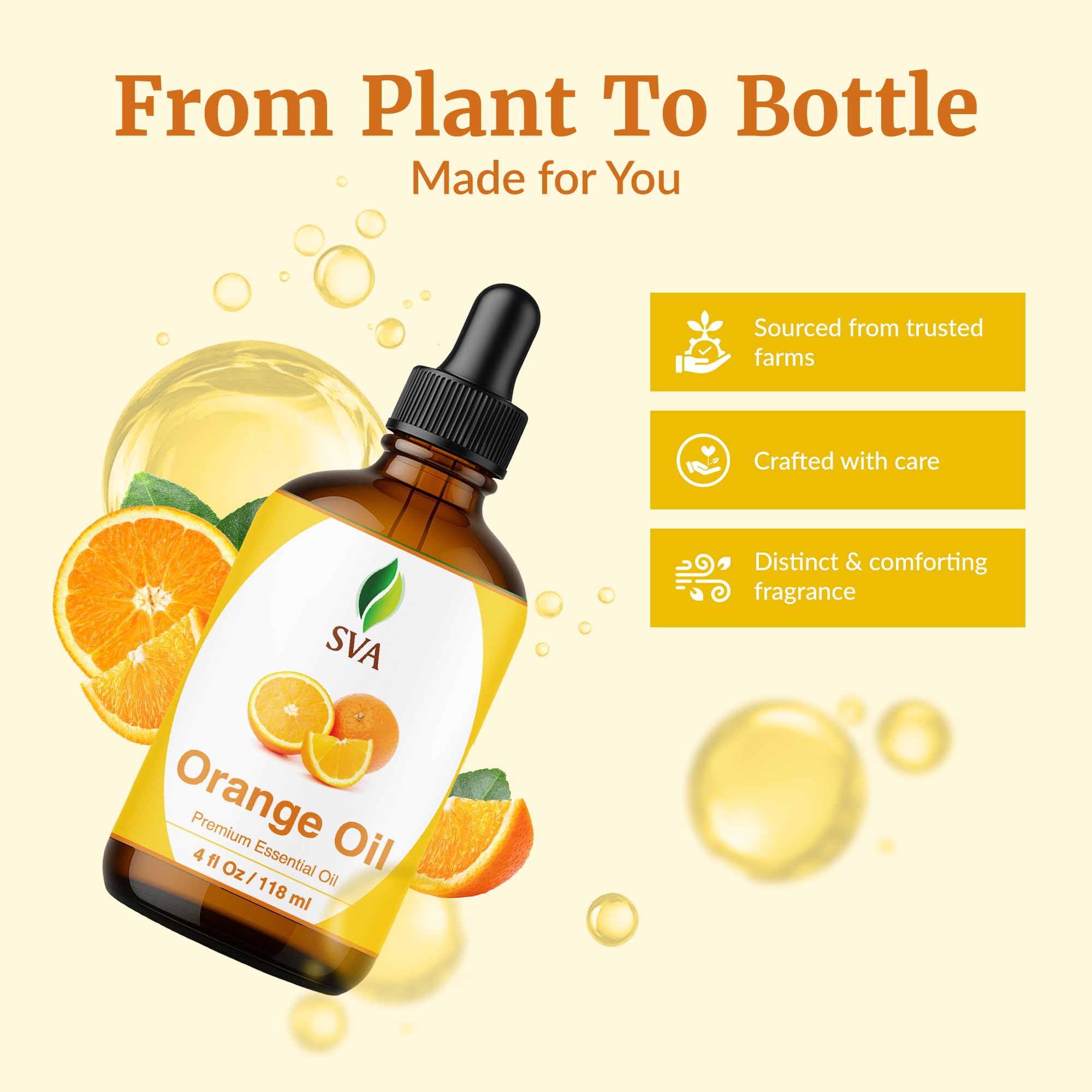 SVA ORGANICS huile orange pour soin peau, hydratation douce et parfum fruité.