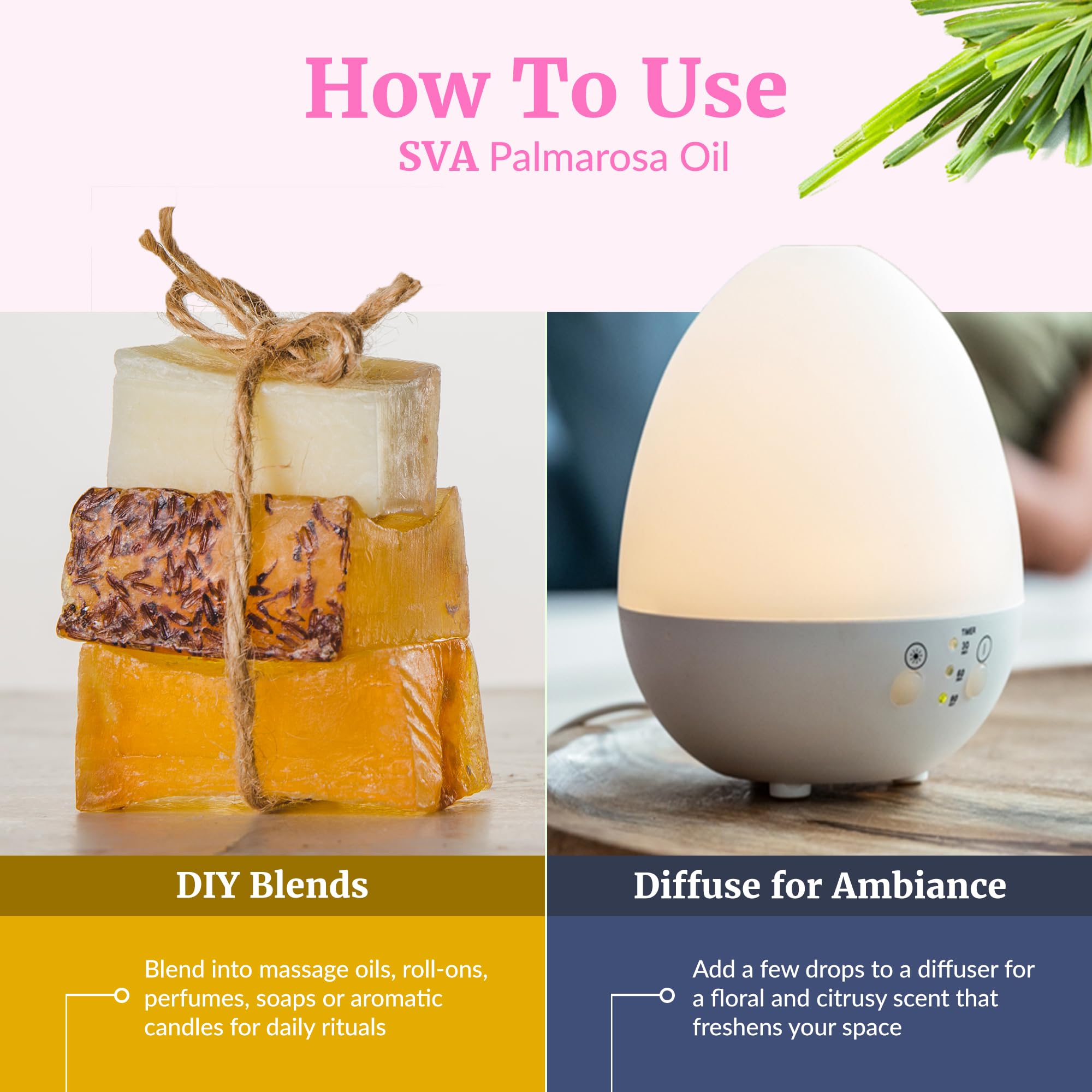Bain relaxant avec SVA Palmarosa, quelques gouttes pour une expérience parfumée.