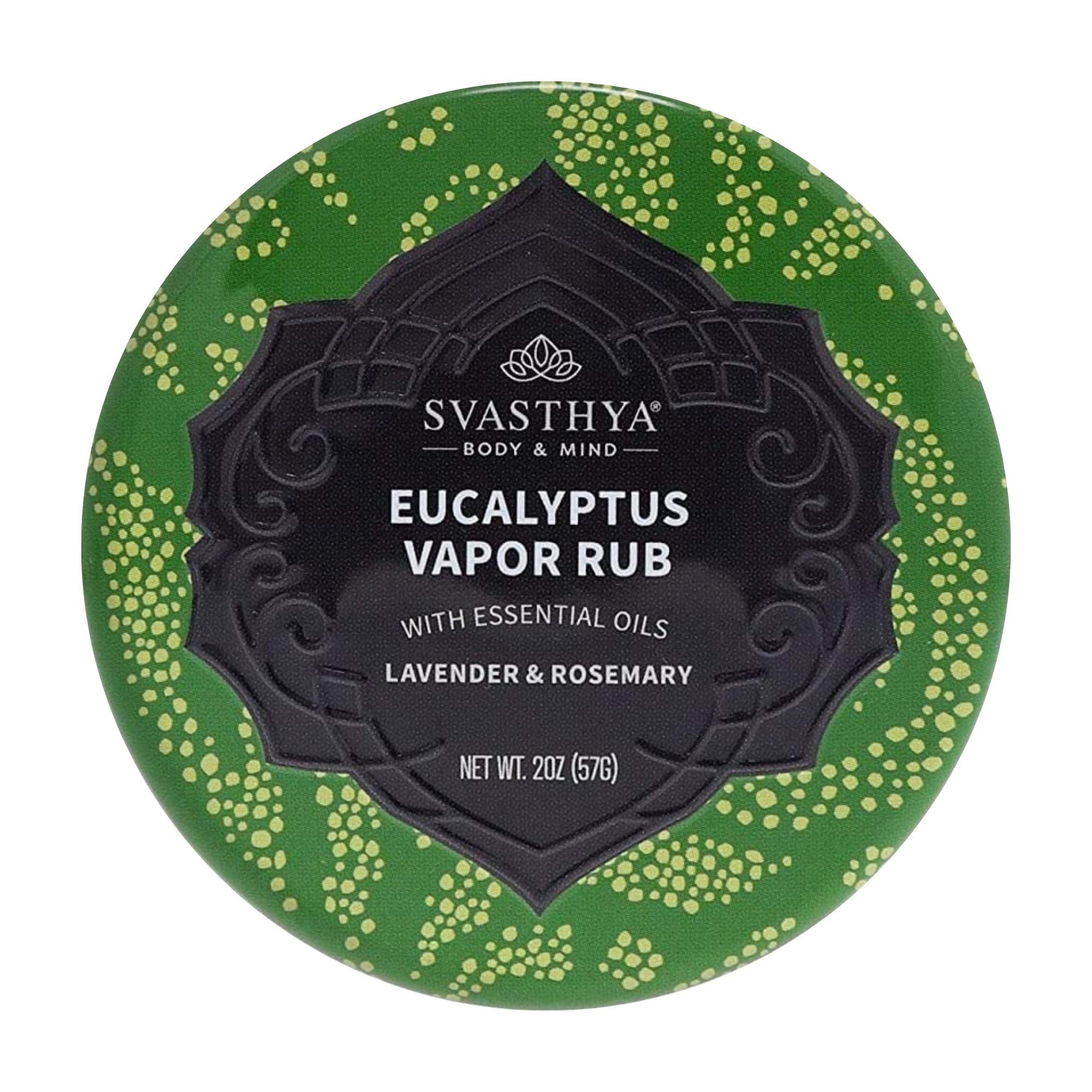 Svasthya Eucalyptus Vapor Rub, bouteille visible, favorise respiration naturelle et hydratation de la peau.