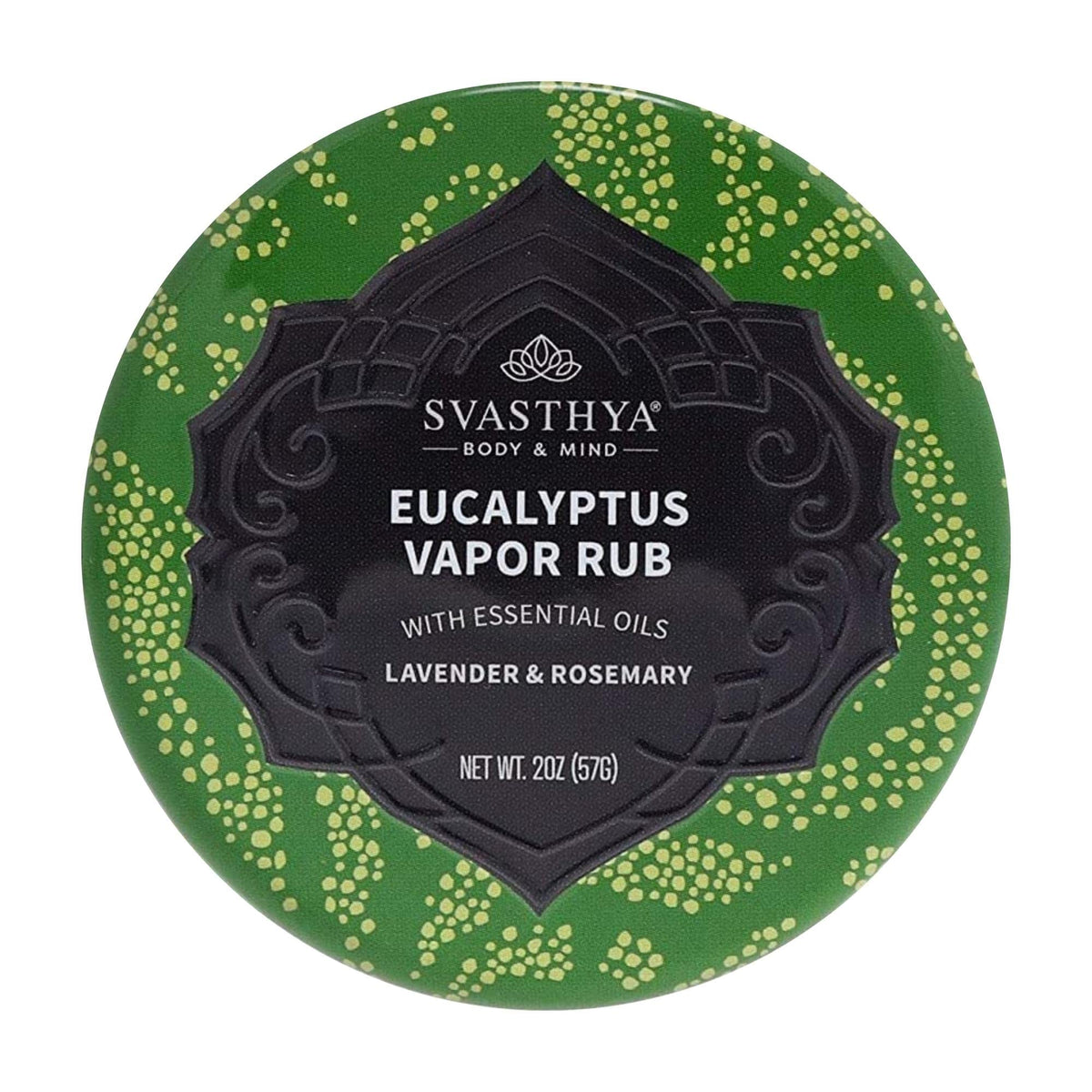 Svasthya Eucalyptus Vapor Rub, bouteille visible, favorise respiration naturelle et hydratation de la peau.