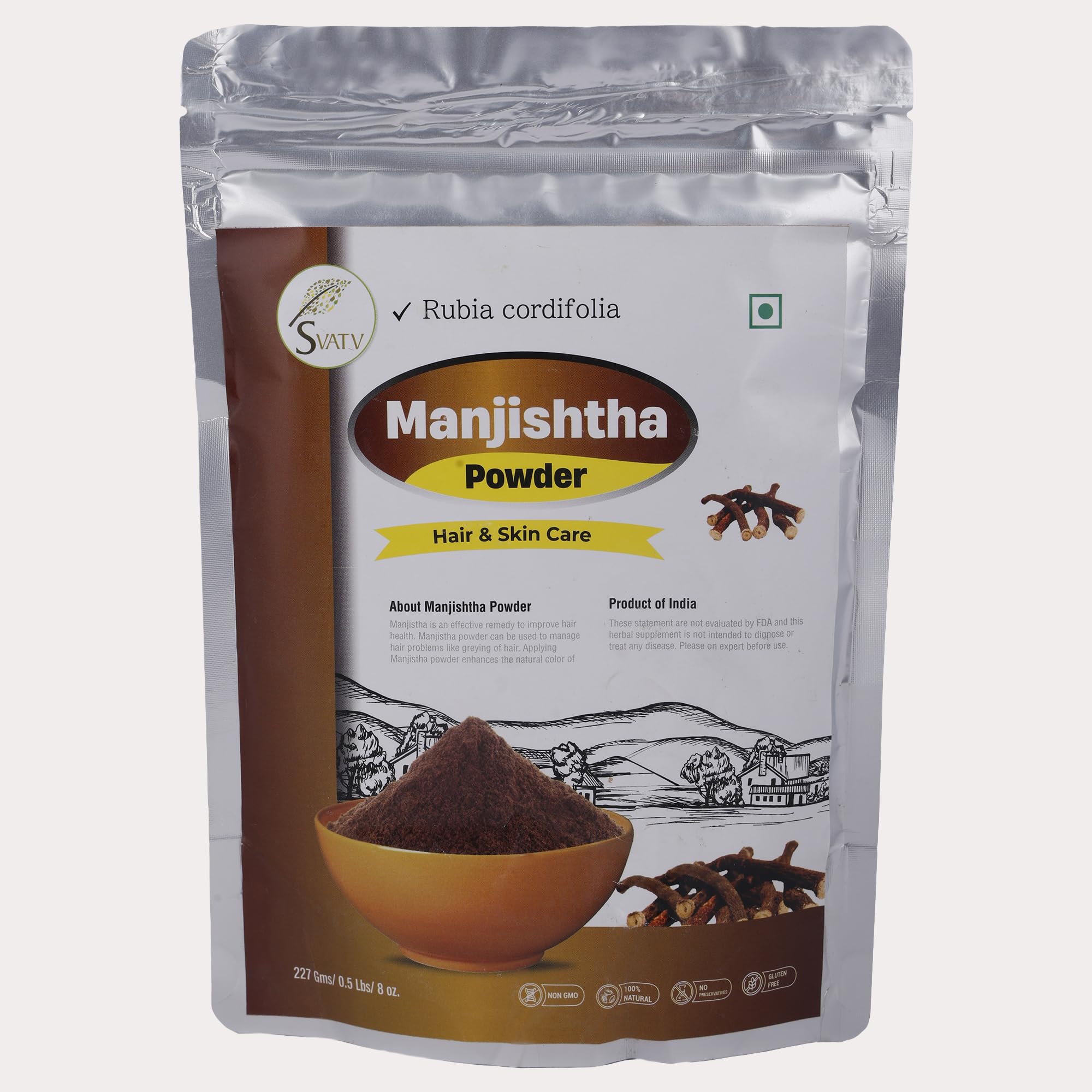 SVATV Manjistha: poudre en bouteille de 227 g pour soin naturel.