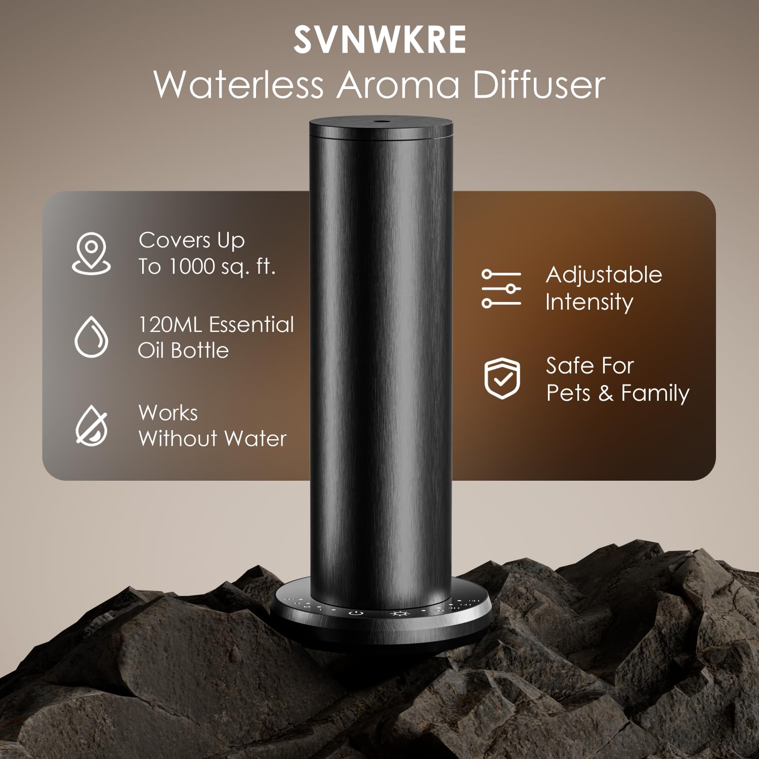 SVNWKRE diffuseur sans eau noir, ambiance salon chic et durable.