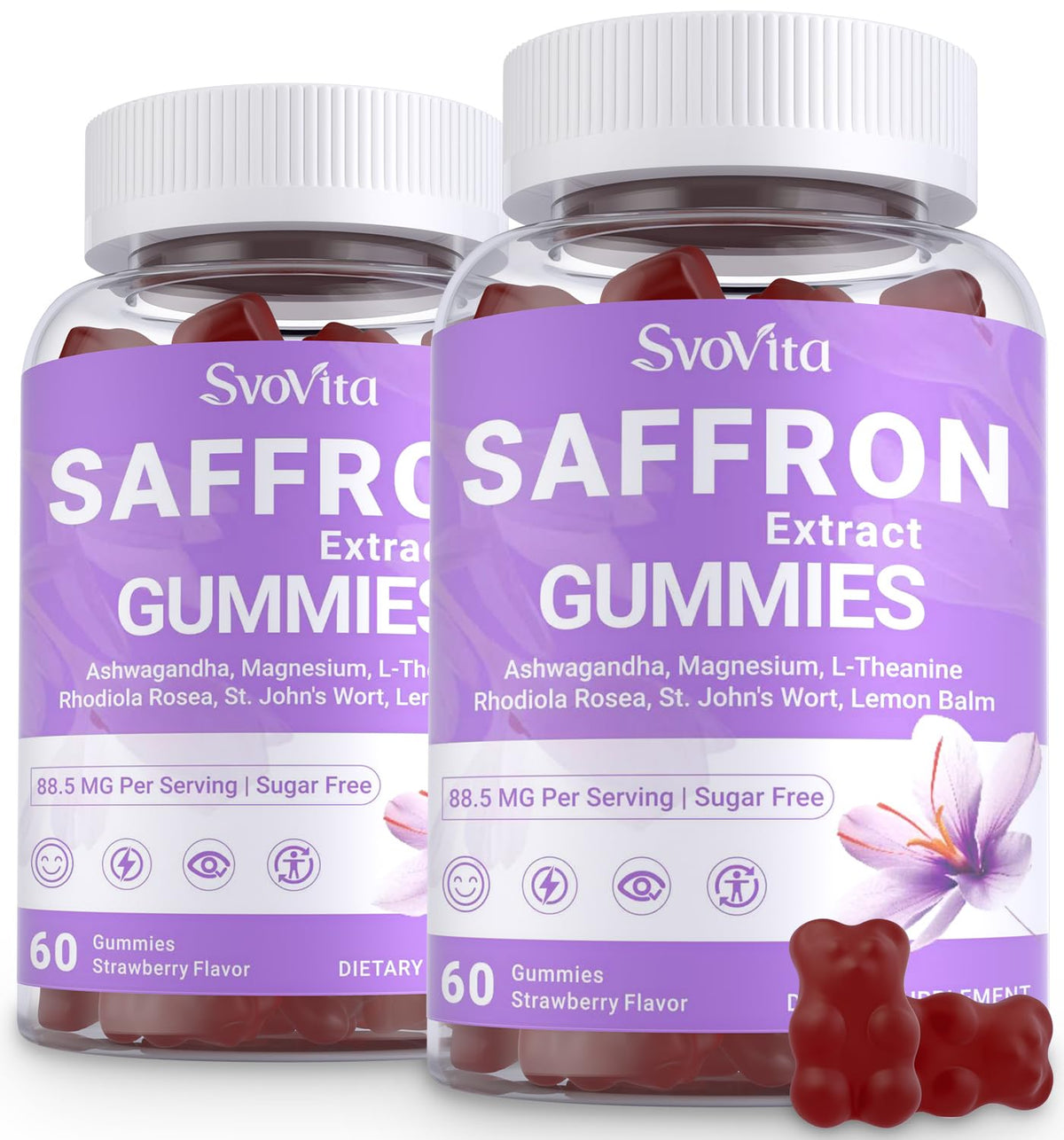 Svovita gommes safran, bouteille visible, aide possible à la concentration et à la clarté mentale.
