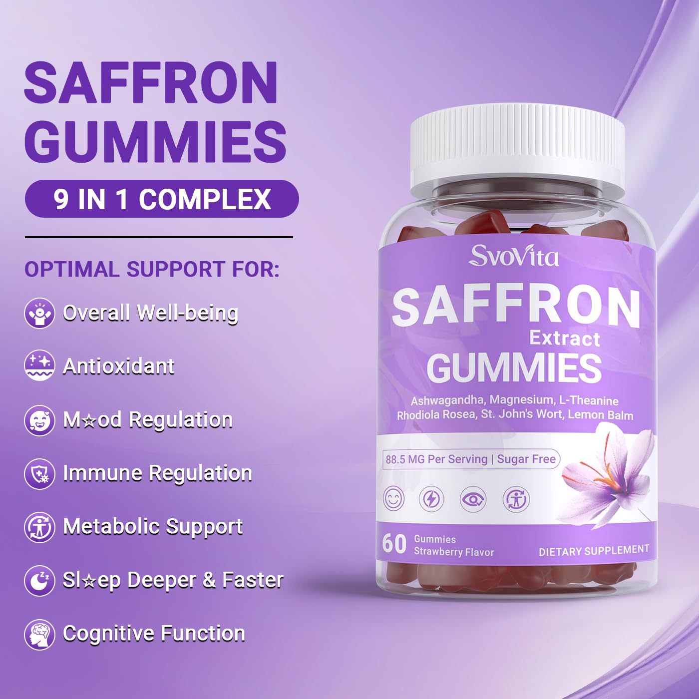 Svovita gommes safran, ingrédients complets, associe Ashwagandha et L-théanine pour le bien-être quotidien.