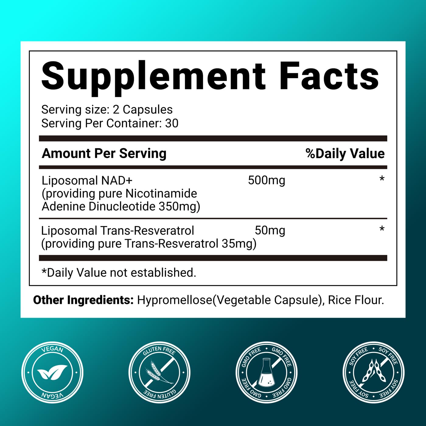 Svovita NAD – étiquette du produit, indication de la formulation liposomale et absorption.
