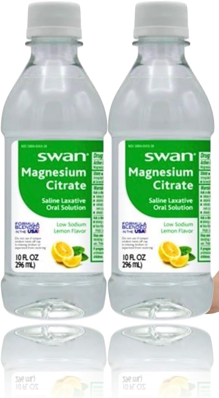 Étiquette Swan Magnesium Citrate visibles avec les instructions d’utilisation.