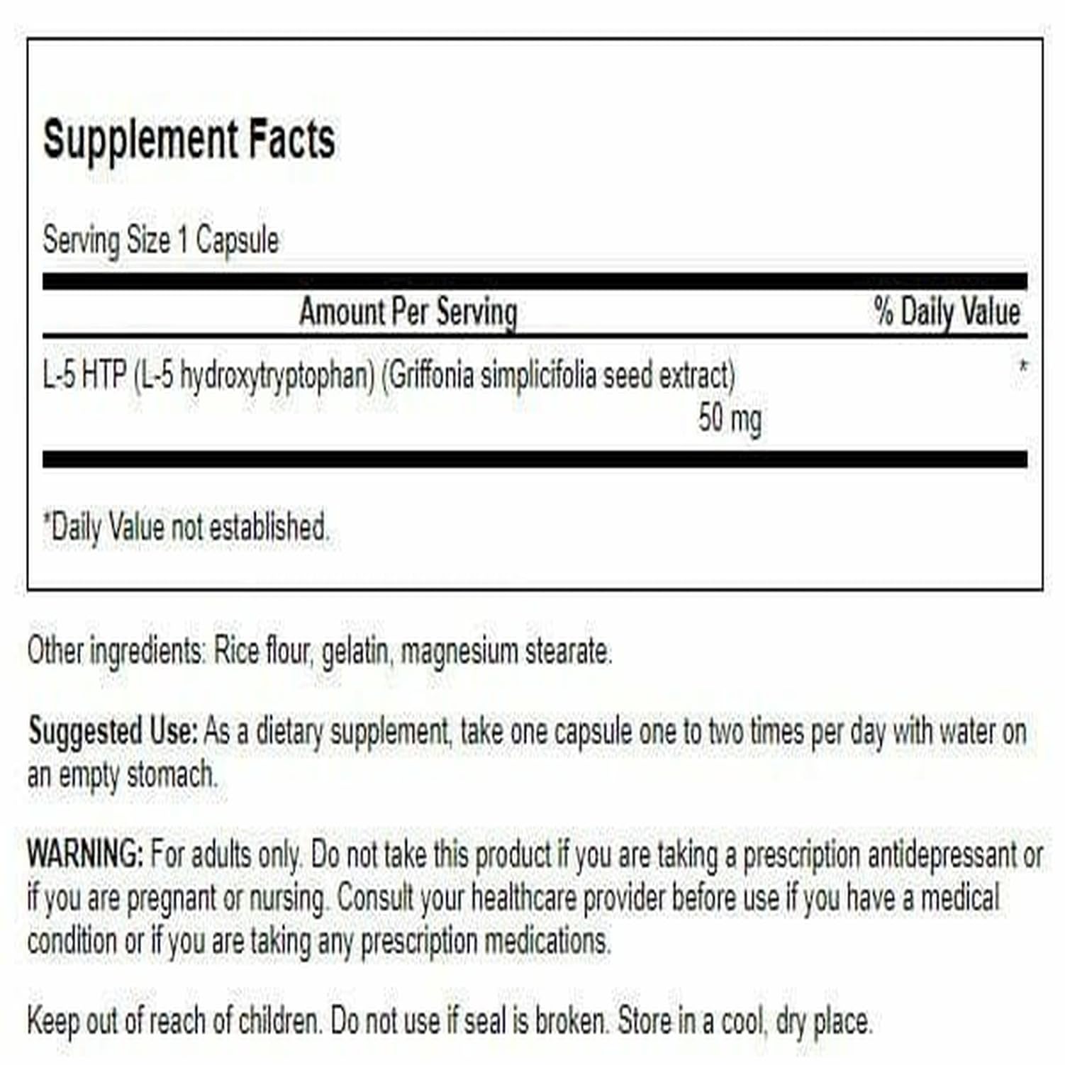 Swanson 5-HTP: étiquette claire facilitant le dosage quotidien.