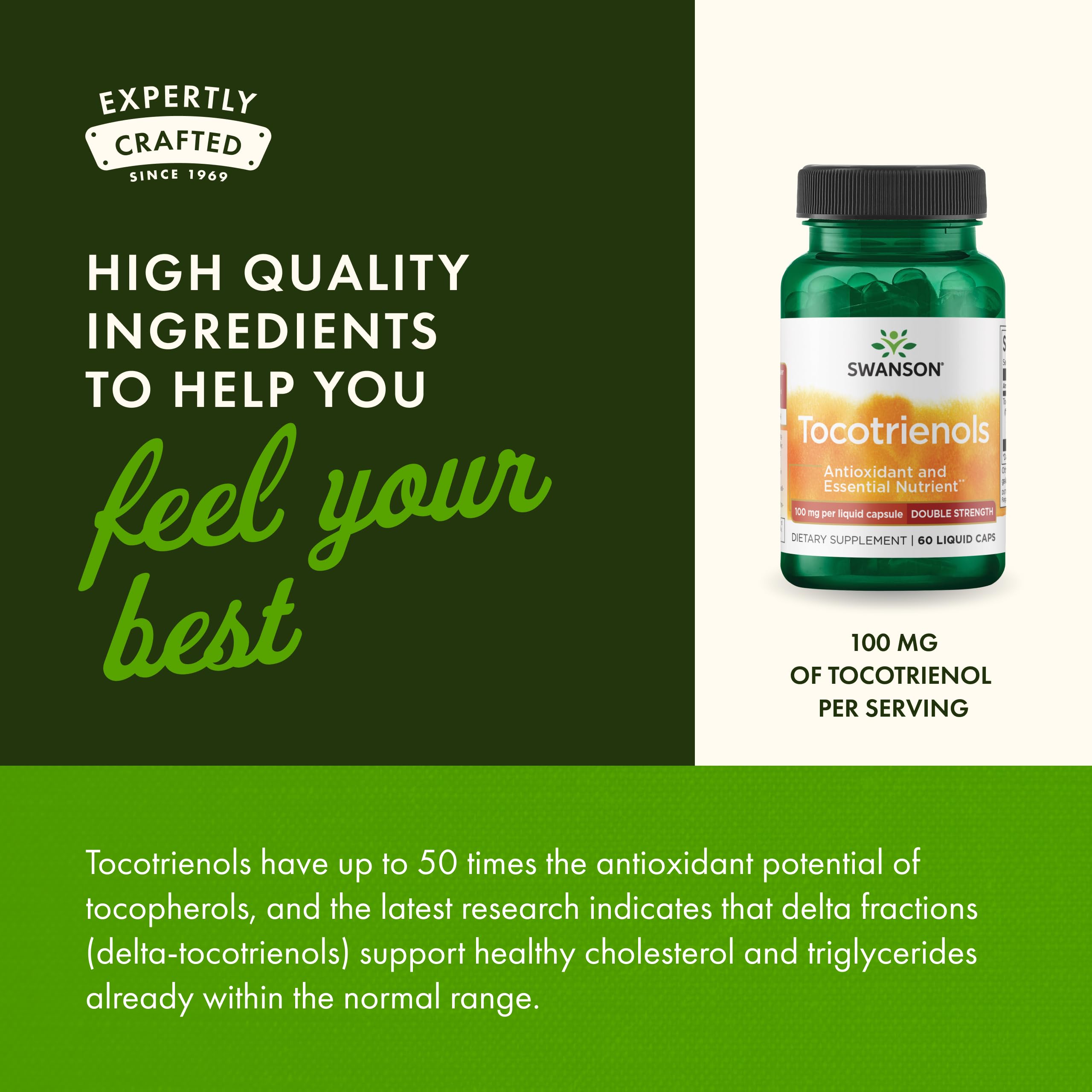 Swanson capsules liquides tocotrienols, absorption rapide et utilisation quotidienne.
