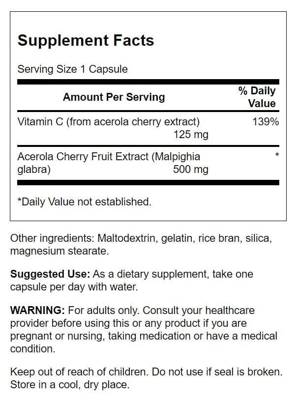 Capsules Swanson Acerola de 125 mg, source pratique de vitamine C pour l'usage quotidien.