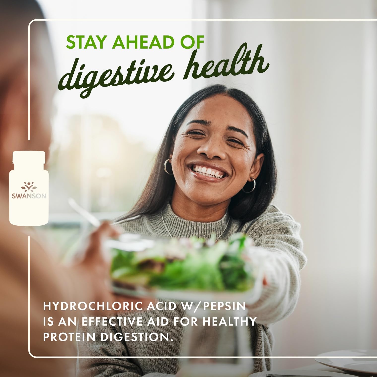 Capsules Swanson Acide chlorhydrique pepsine, vue de près, absorption nutritionnelle possible