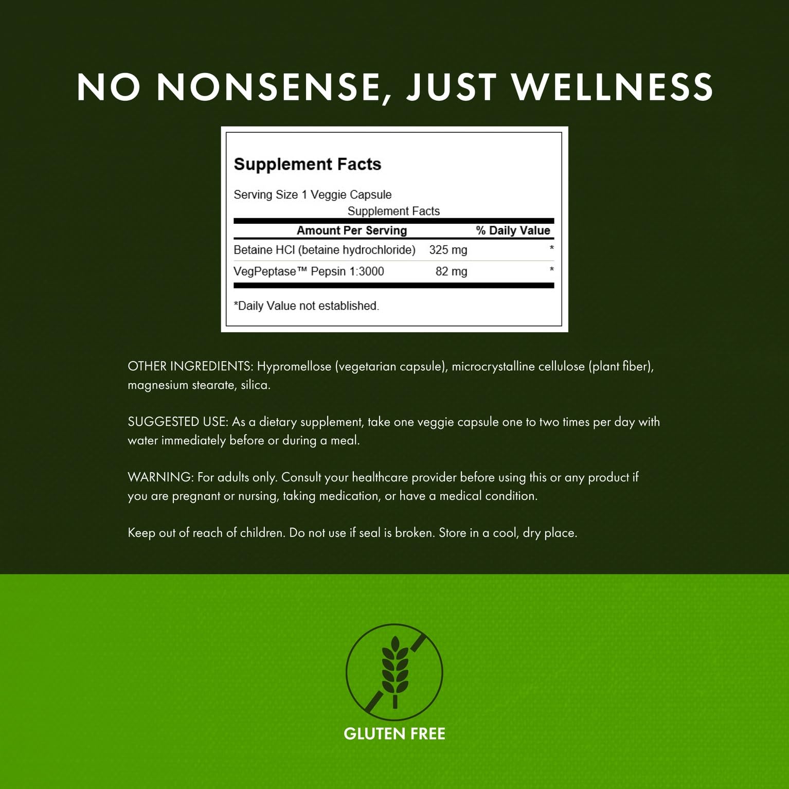 Swanson Acide chlorhydrique Pepsine – étiquette claire montrant ingrédients végétaux du spectre complet.