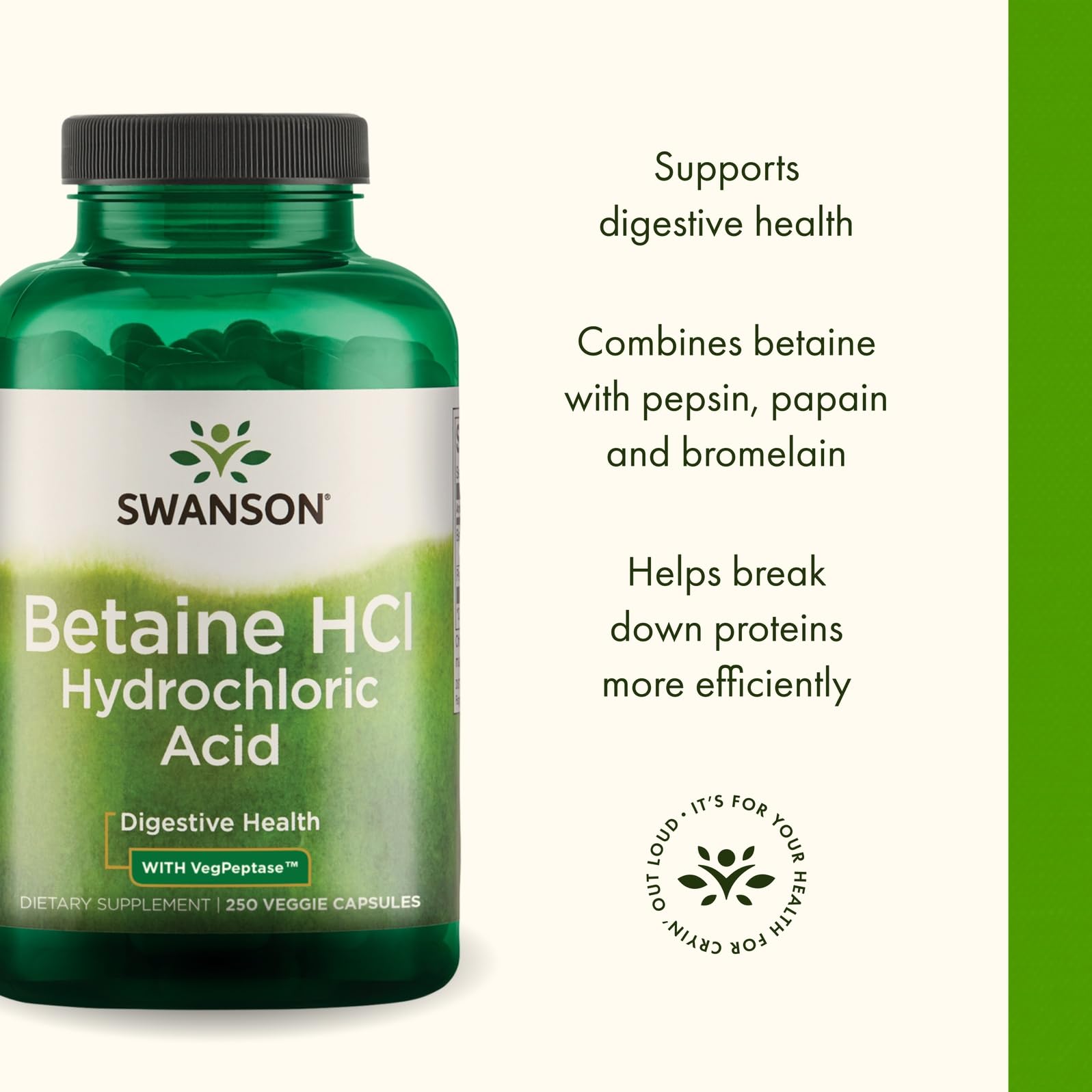 Étiquette Swanson Acide chlorhydrique pepsine, face avant