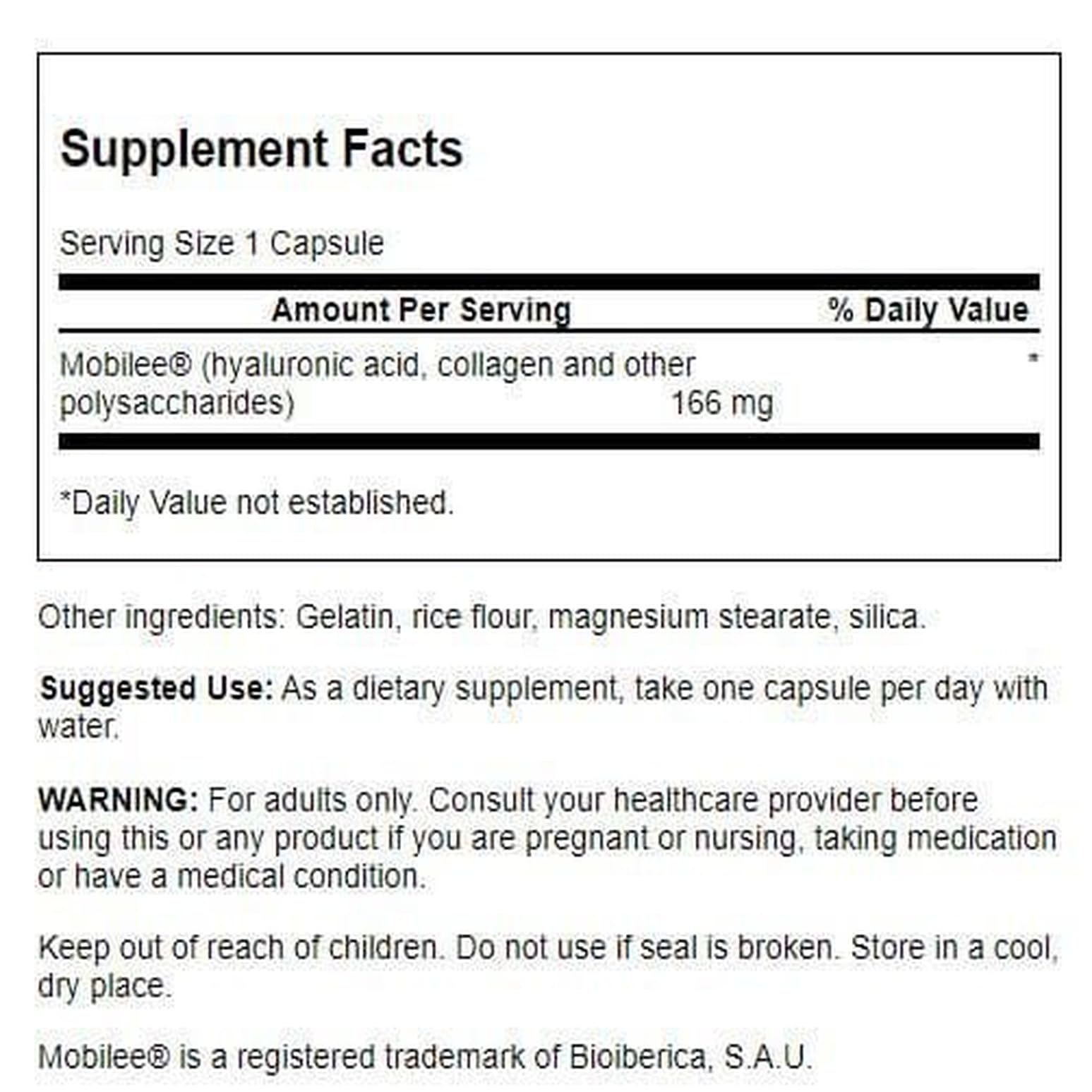 Swanson Acide Hyaluronique Complexe – etiquette, informations utiles pour l'utilisation régulière.
