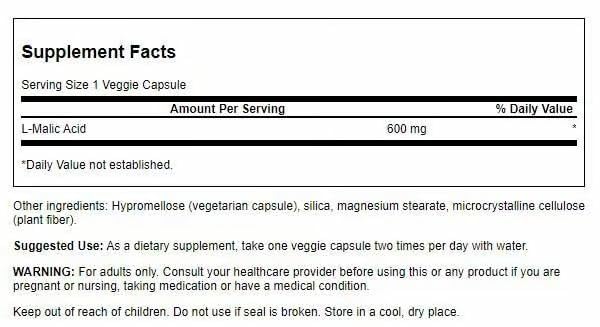 Swanson Acide malique – capsules 600 mg, prise facile pour la vitalité.