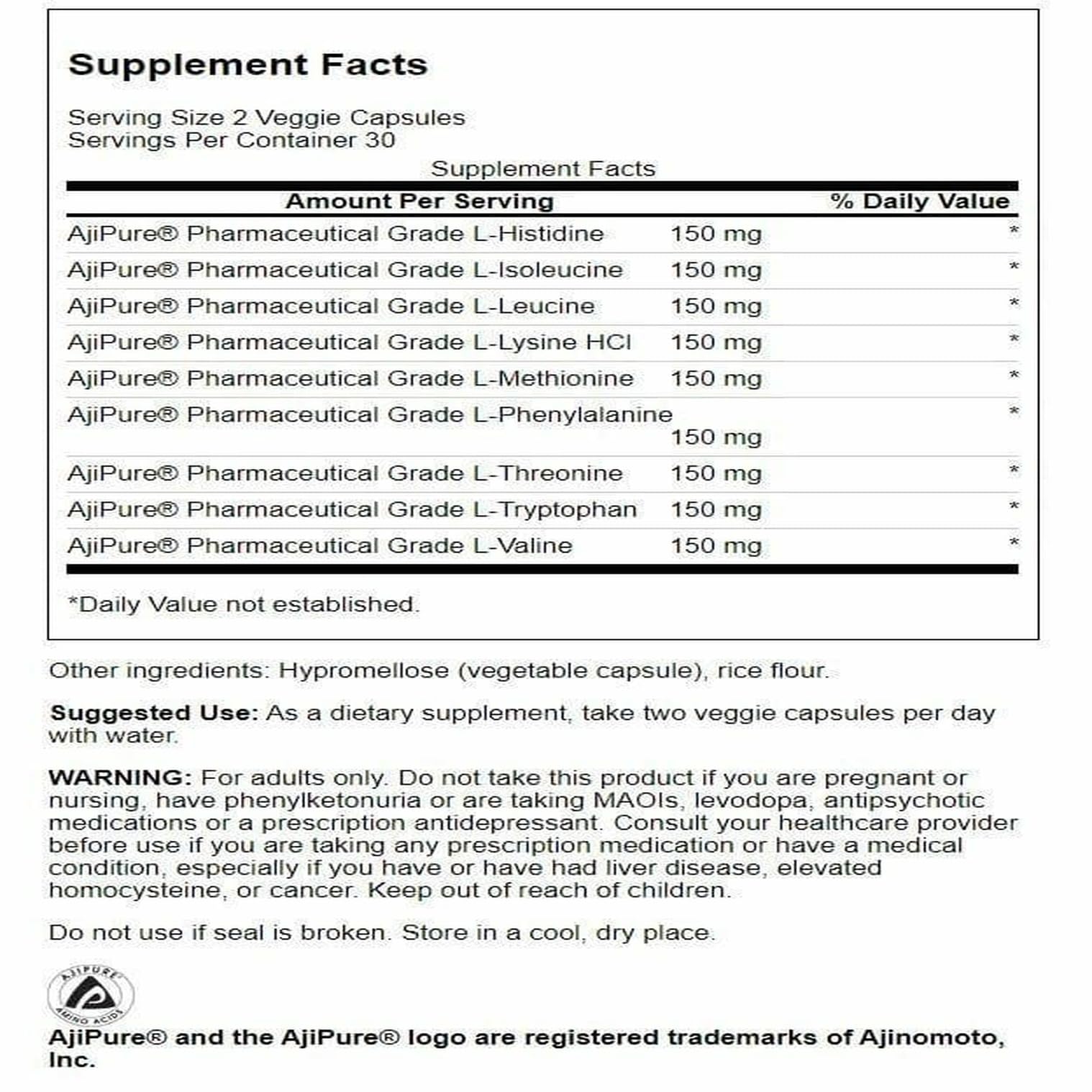 Swanson Ajipure capsules végétales sur étiquette, adaptée au régime végétarien.