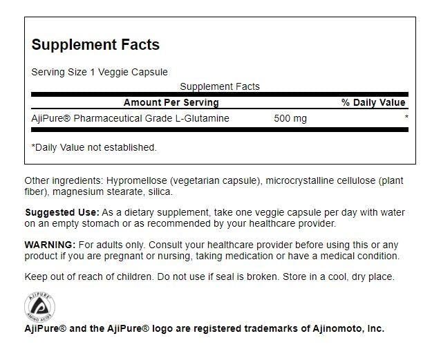 Capsules Swanson Ajipure L-Glutamine 500 mg, gros plan sur l'etiquette, format végétarien pratique.