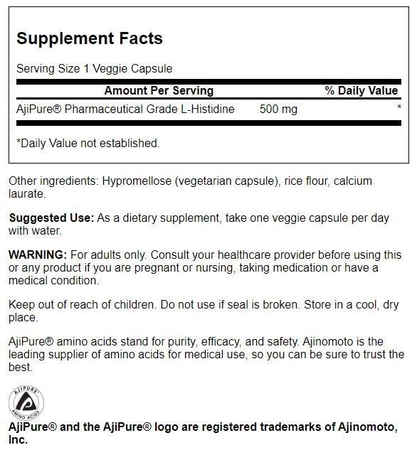 Swanson Ajipure L-Histidine : etiquette et emballage reflétant la qualité pharmaceutique et végétale