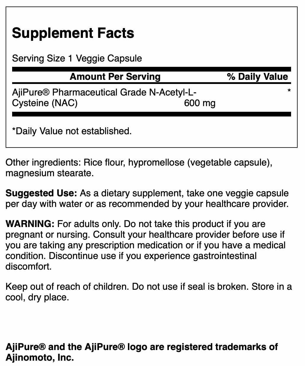 Étiquette Swanson Ajipure N-acétyl-L-cystéine, grade pharmaceutique et traçabilité qualité.