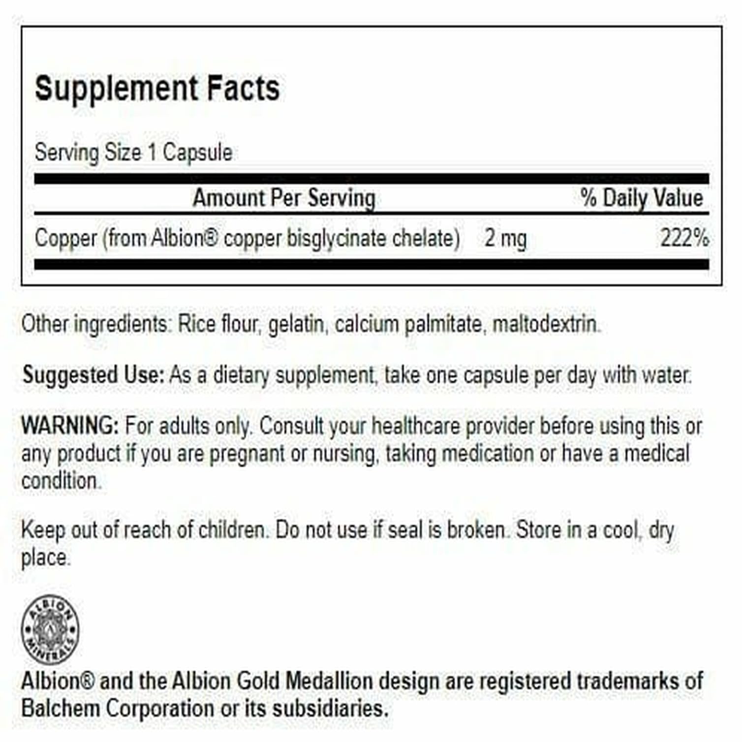 Capsules Swanson Cuivre chelaté 2 mg faciles à avaler, pratique au quotidien