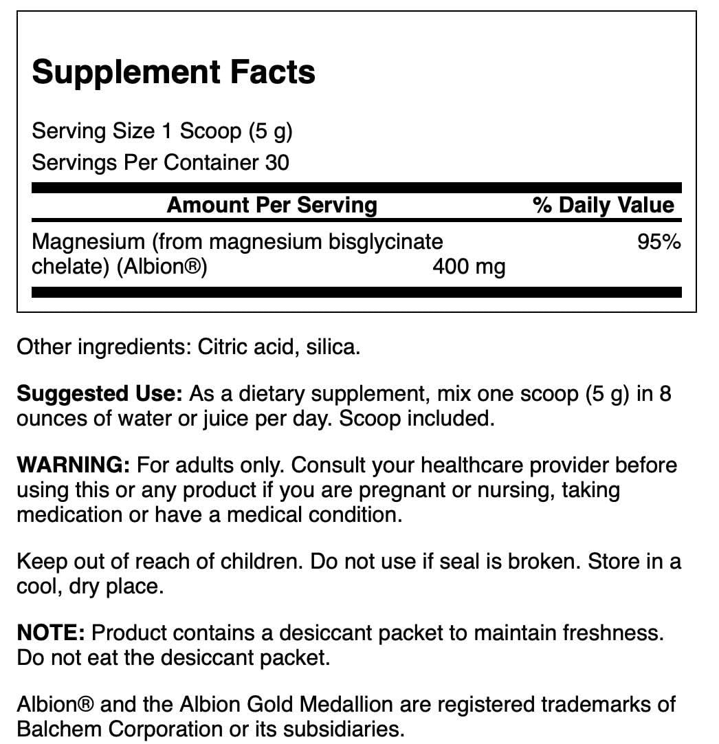 Swanson Albion Magnésium Glycinate Poudre Doseur: utilisation facile dans les boissons pour un soutien quotidien.