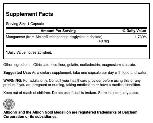 Swanson manganèse glyciné Albion 40 mg — formulation chelatée, absorption optimisée.
