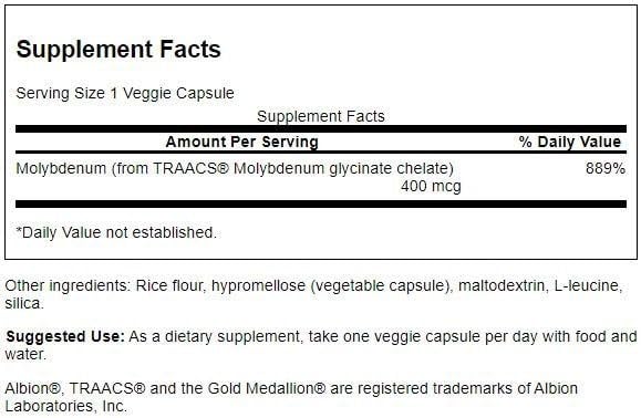 Boîte Swanson Albion Molybdène chelate 400 mcg, bouteille de 60 capsules végétales