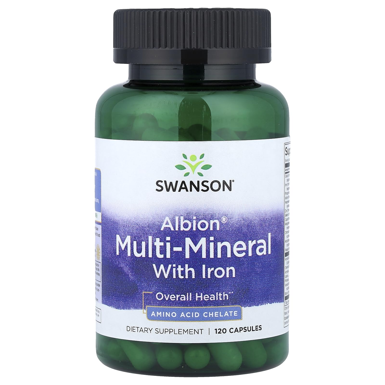 Swanson Albion Multi-MIN avec fer : bouteille montrant une nutrition quotidienne équilibrée.