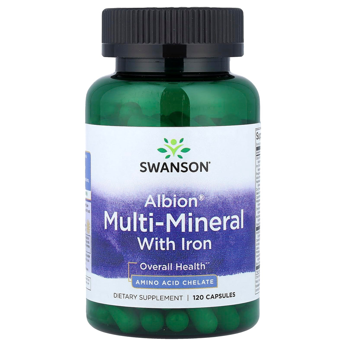 Swanson Albion Multi-MIN avec fer : bouteille montrant une nutrition quotidienne équilibrée.