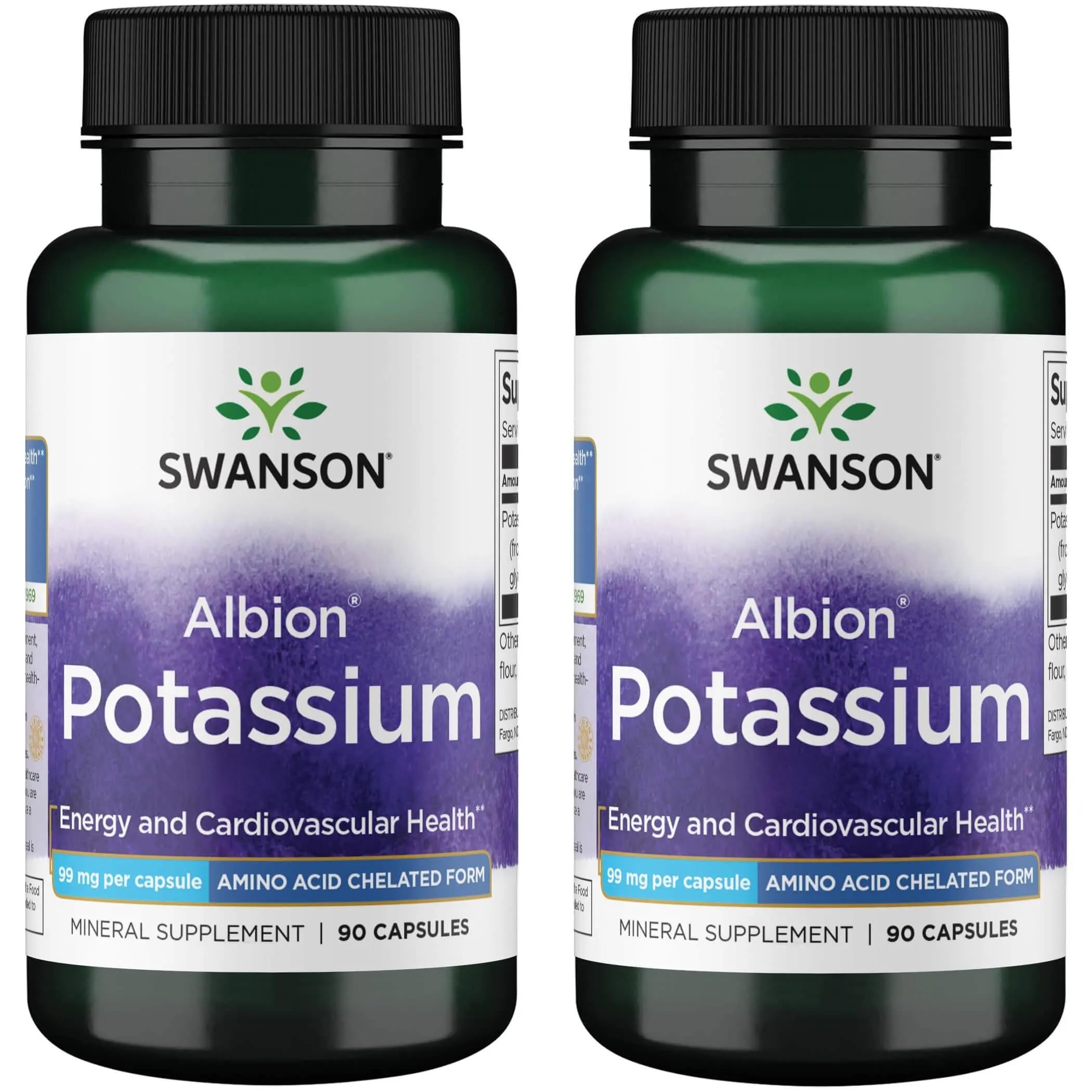Swanson Albion Potassium 99 mg, bouteille de capsules, soutien l'énergie et l'équilibre électrolytique.