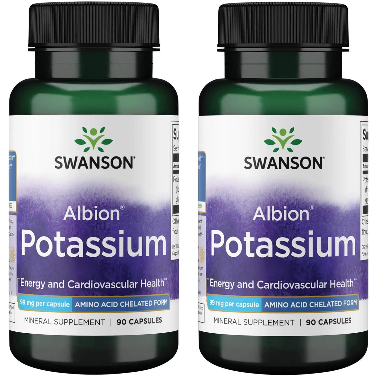 Swanson Albion Potassium 99 mg, bouteille de capsules, soutien l'énergie et l'équilibre électrolytique.