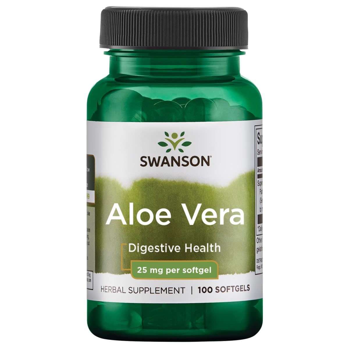 Swanson Aloe Vera gelules à 25 mg, soutien digestif potentiel et antioxydant.