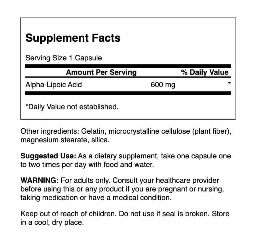 Swanson Alpha Lipoic Acid — capsules 600 mg visibles pour un usage quotidien.