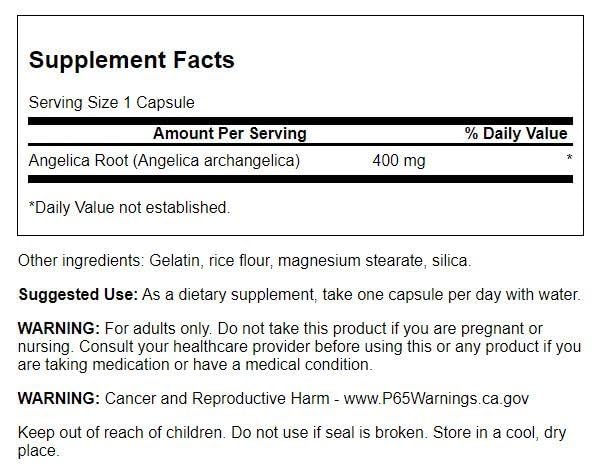 Swanson Angelica Root - capsules visibles dans leur flacon, prise facile et régulière