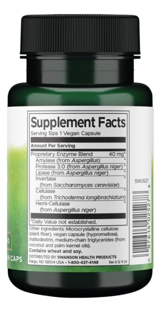 Swanson Anti-Gas Enzyme – étiquette indiquant ingrédients et dosage pour usage quotidien.