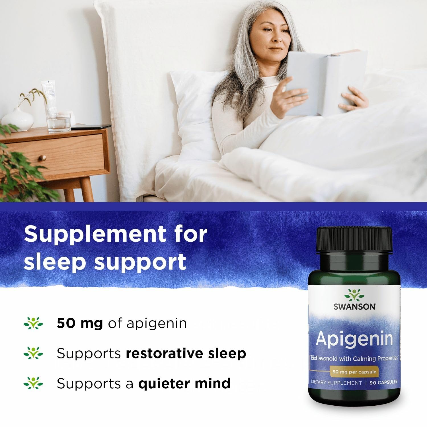 Swanson Apigenin 50 mg — gélules dans l'étui, soutien cellulaire et protection antioxydante potentielle.
