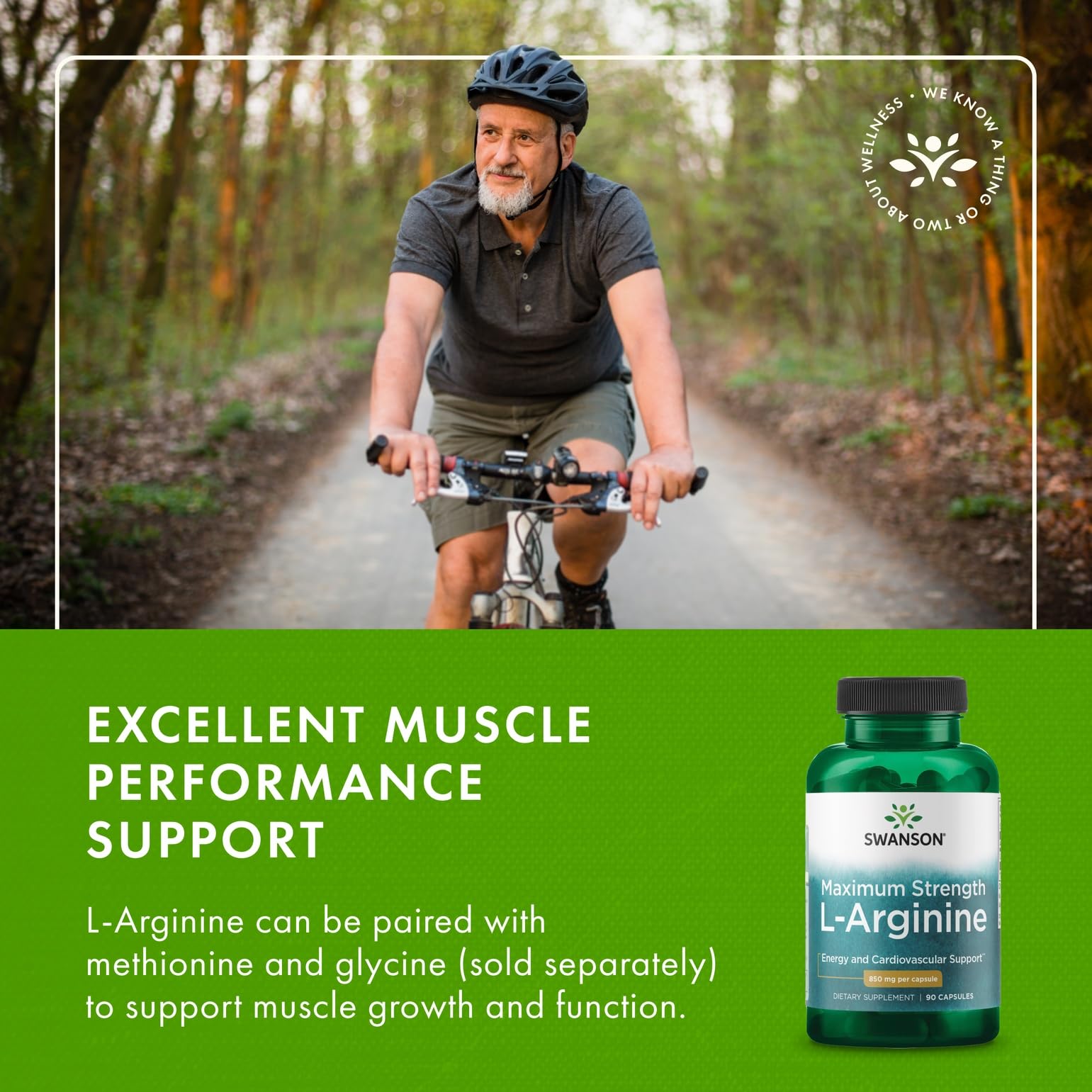 Swanson L-Arginine 850 mg, conditionnement solide pour une routine sportive.