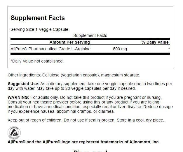Capsules végétales Swanson L-Arginine Ajipure, faciles à avaler pour un apport quotidien.