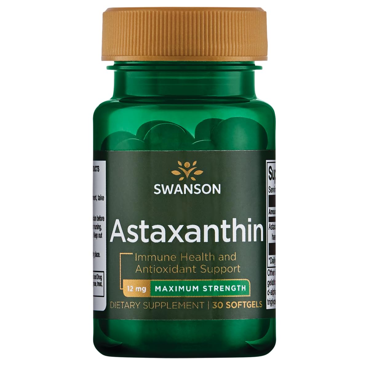 Swanson Astaxanthine 12 mg – Bouteille montrant le flacon, soutien antioxydant potentiel.