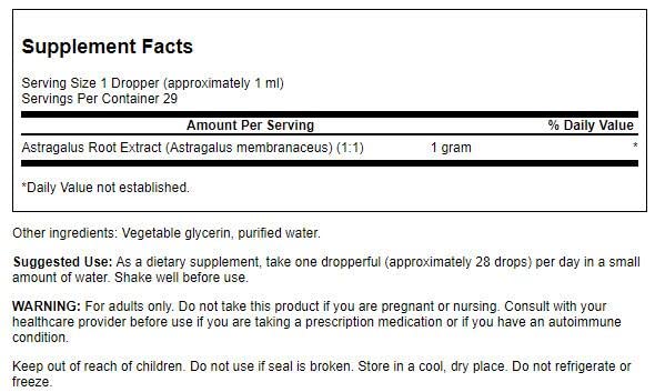 Swanson Astragalus Extrait Liquide avec pipette pour dosage précis.