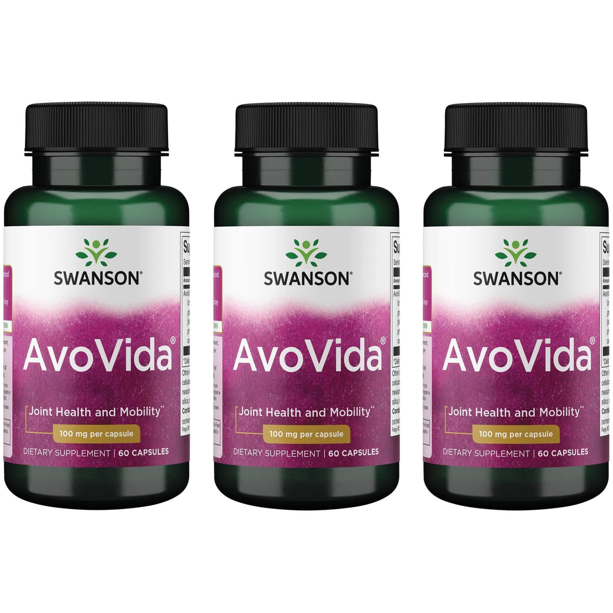 Swanson Avovida, gélules en bouteille, soutien potentiel à la flexibilité et au confort.