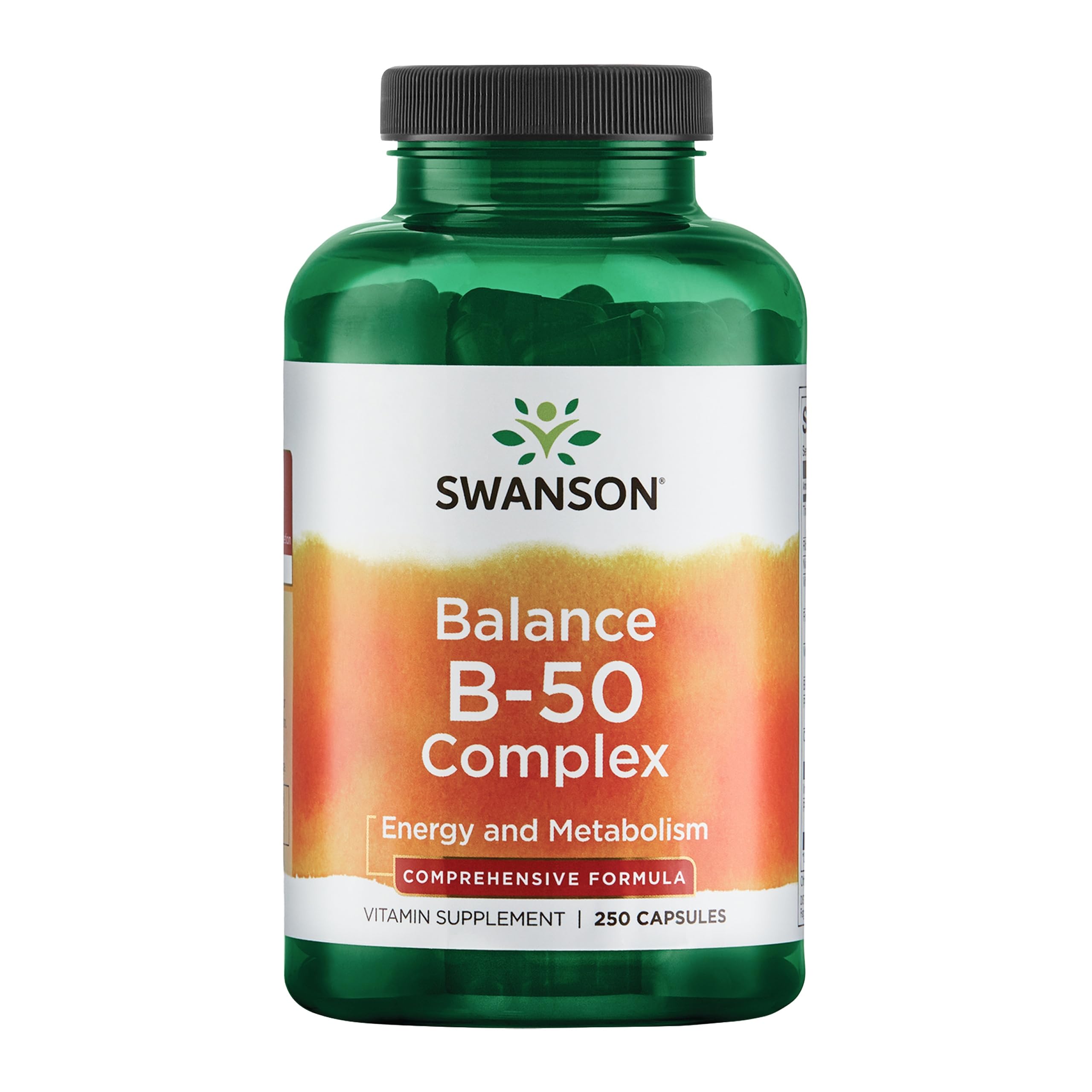 Swanson B-50 dans la bouteille, capsules visibles, soutien potentiel énergie et immunité