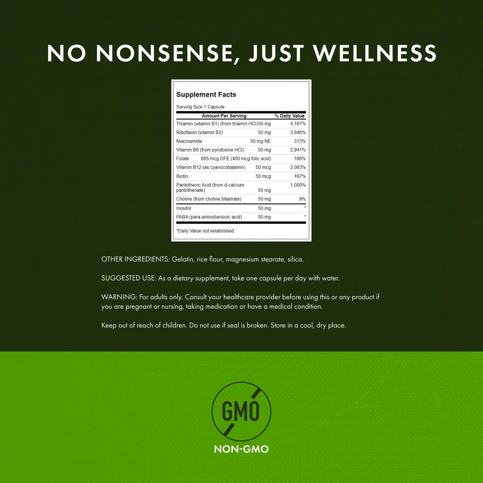 Etiquette Swanson B-50, affichage clair des vitamines et conseils d'utilisation