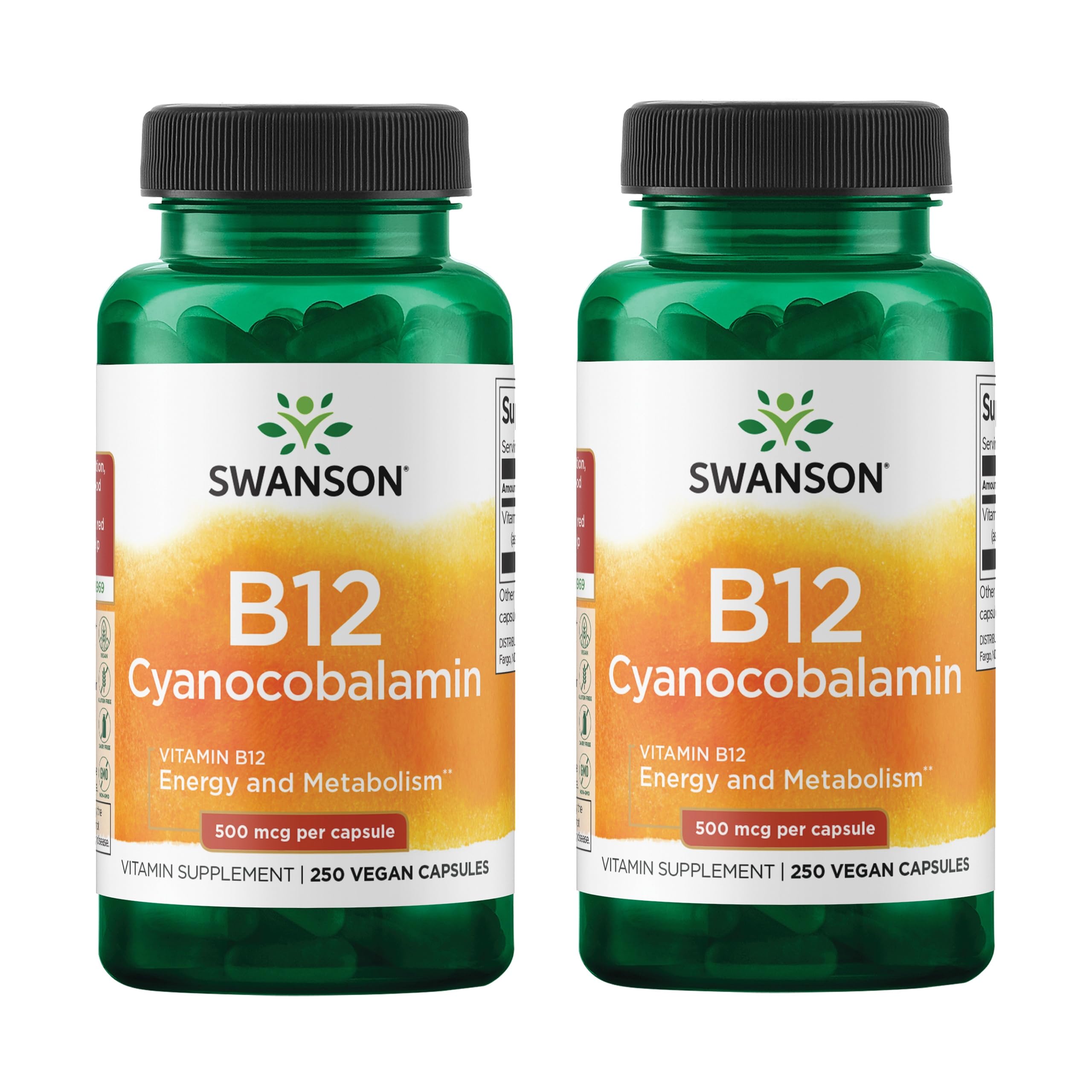 Swanson B12 cyanocobalamine, bouteille de capsules pour soutenir l'énergie au quotidien.