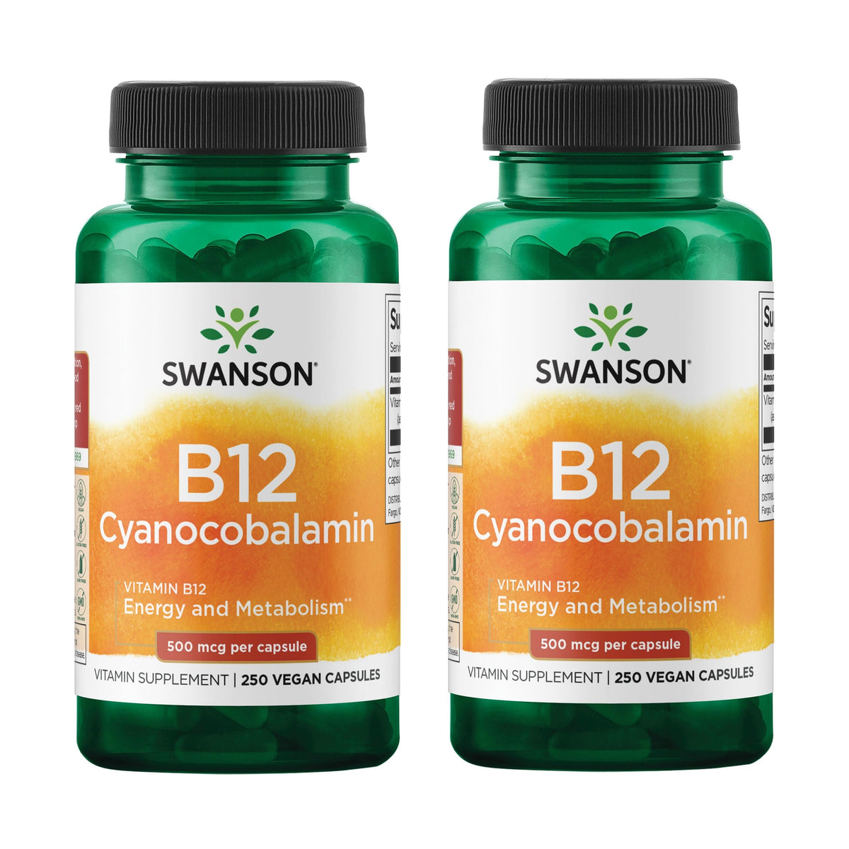 Swanson B12 cyanocobalamine, bouteille de capsules pour soutenir l'énergie au quotidien.