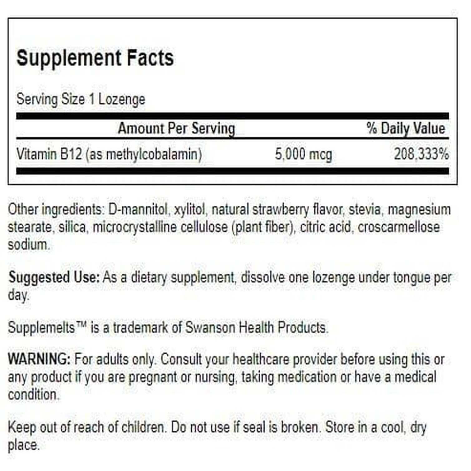 Swanson B-12 sublinguale 5 mg, boîte: utilisation quotidienne pratique.