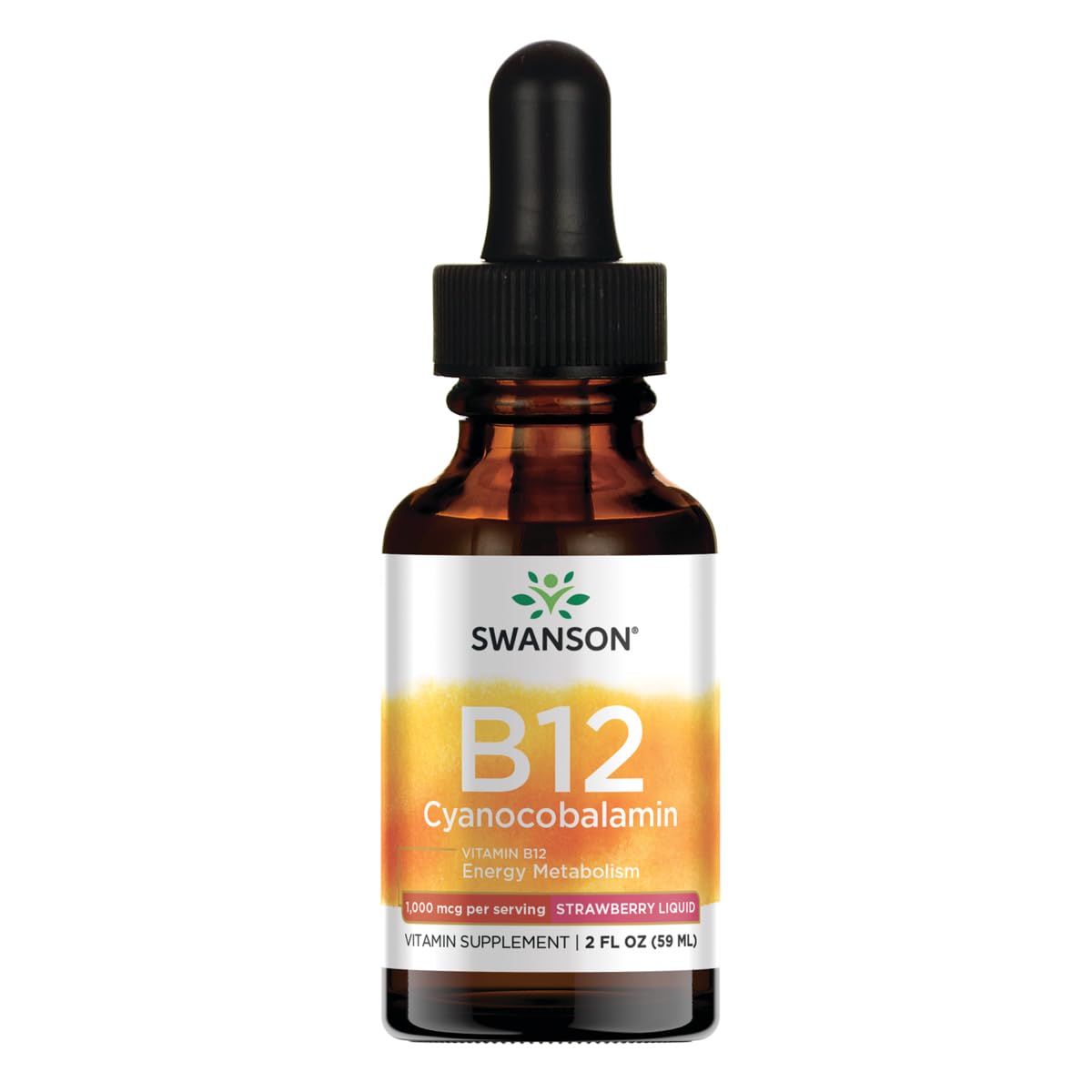 Swanson B-12 sublingual en liquide, bouteille claire, soutien potentiel énergie quotidienne.